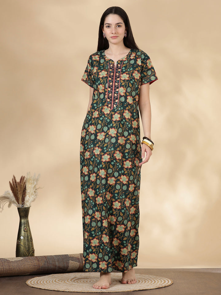 Pure Cotton Green Floral Nighty for Women Relaxed Fit