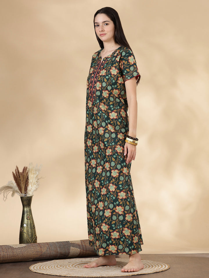 Pure Cotton Green Floral Nighty for Women Relaxed Fit