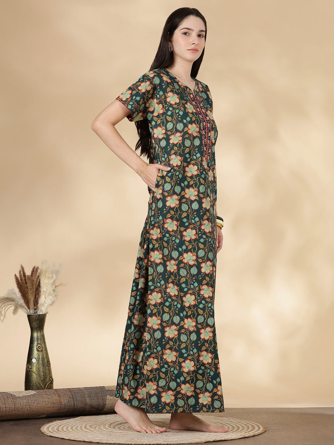 Pure Cotton Green Floral Nighty for Women Relaxed Fit