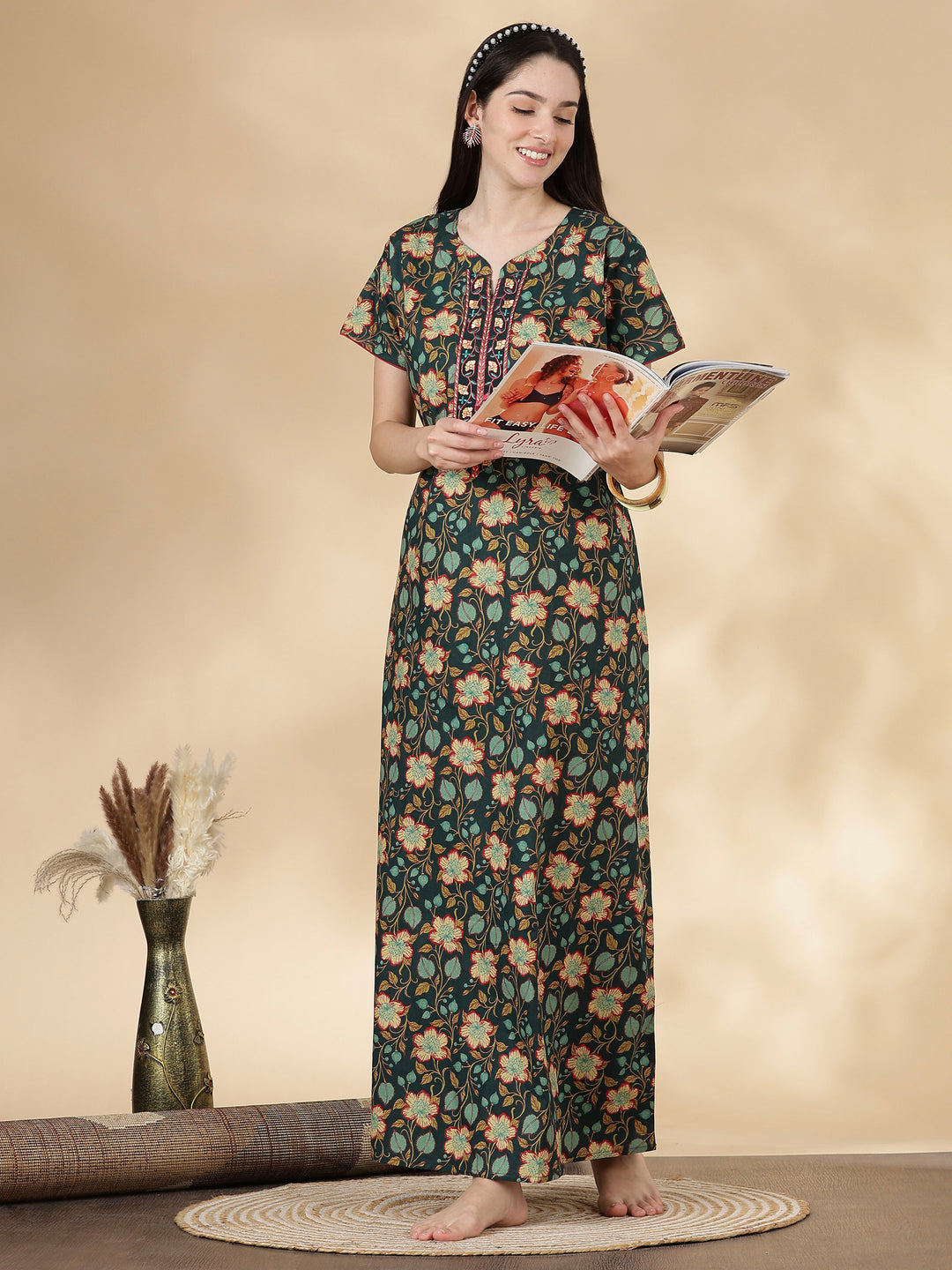 Pure Cotton Green Floral Nighty for Women Relaxed Fit