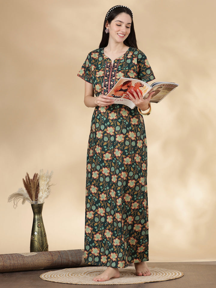 Pure Cotton Green Floral Nighty for Women Relaxed Fit