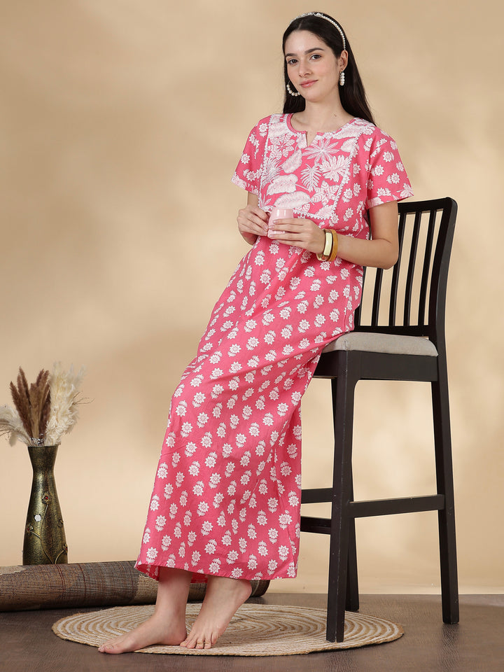 Tropica Pink Pure Cotton Floral Kantha Work Nighty