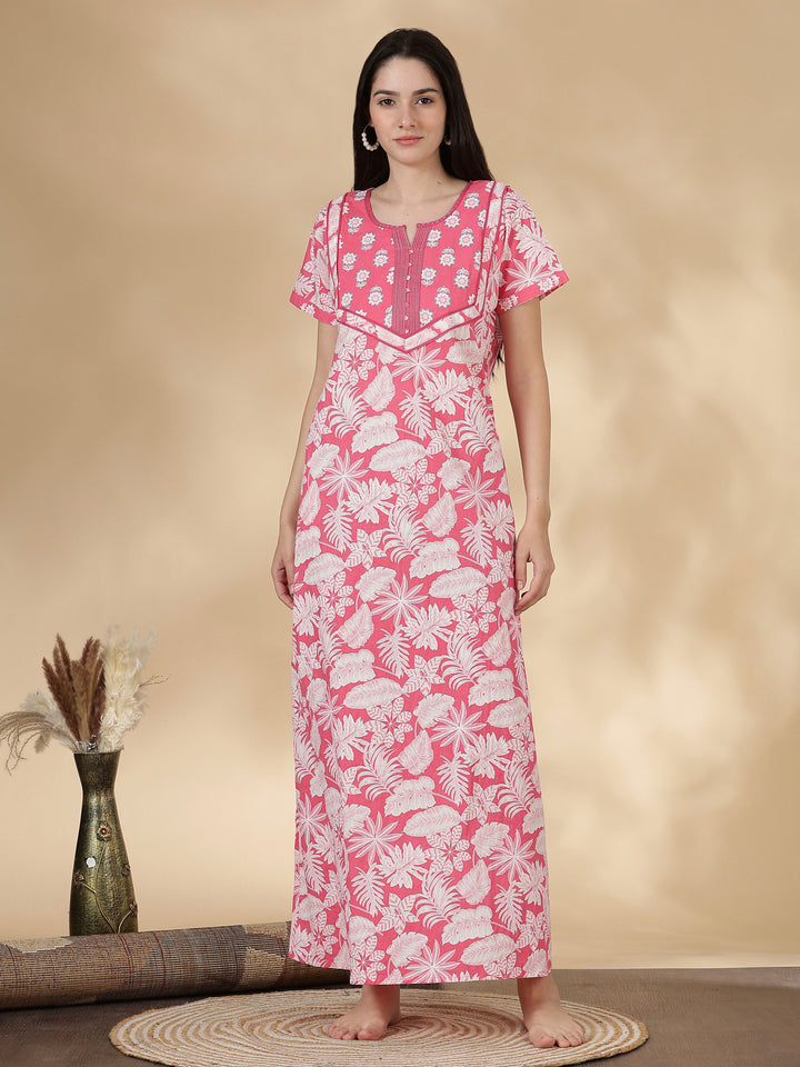 Pure Cotton Floral Kantha Work Nighty for Women in Rosabelle
