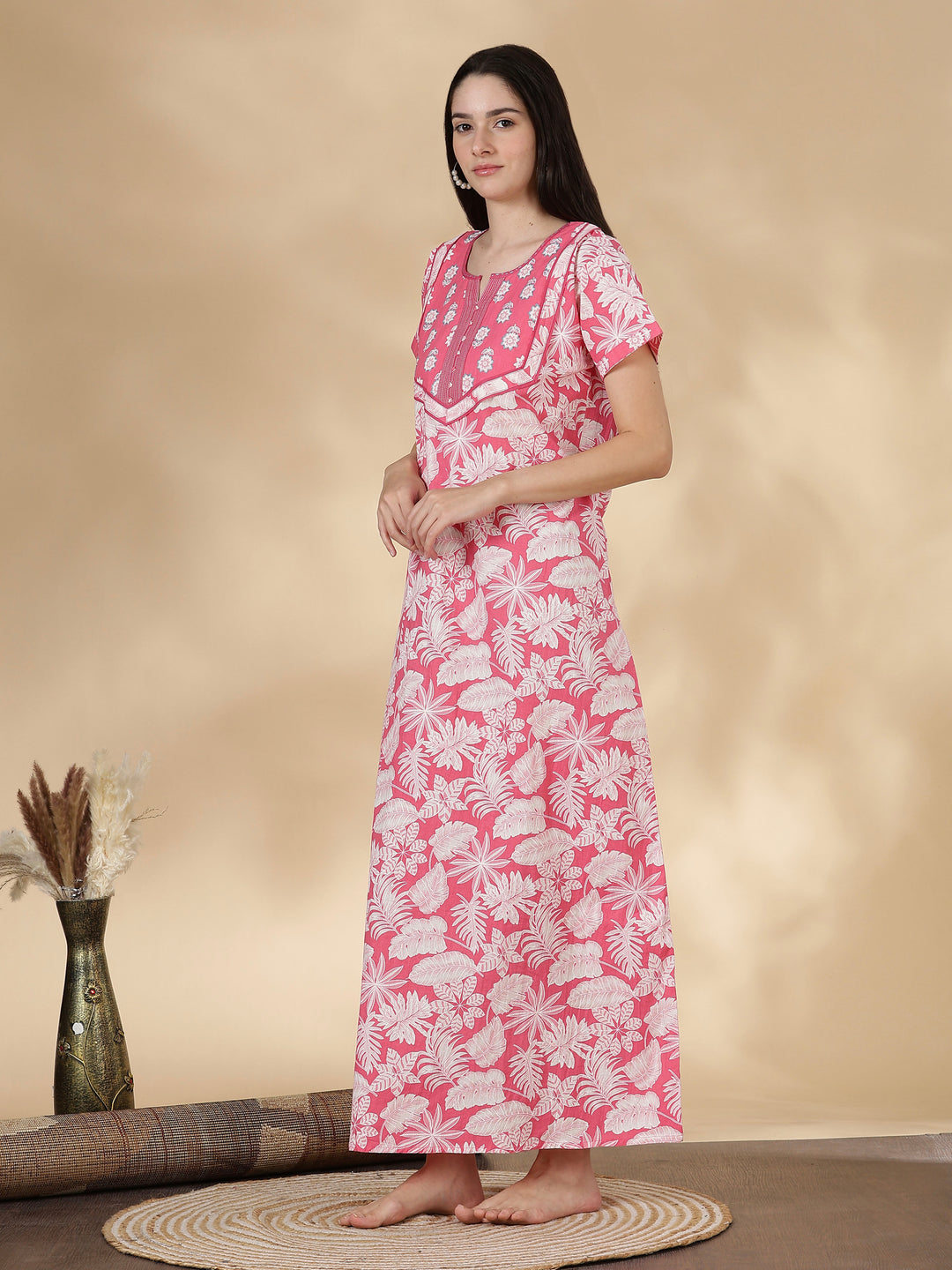 Pure Cotton Floral Kantha Work Nighty for Women in Rosabelle