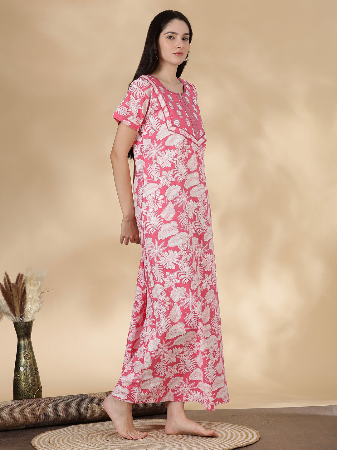 Pure Cotton Floral Kantha Work Nighty for Women in Rosabelle