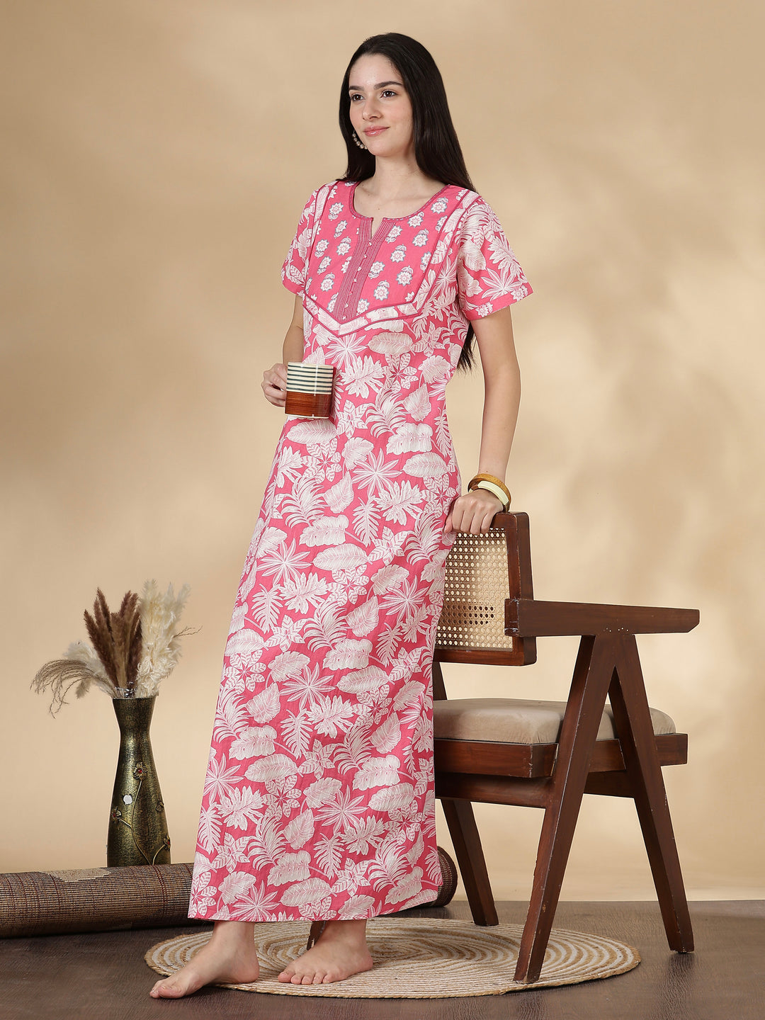 Pure Cotton Floral Kantha Work Nighty for Women in Rosabelle