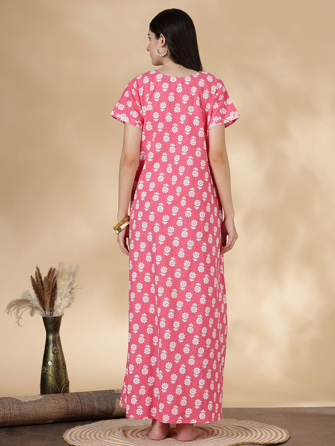 Tropica Pink Pure Cotton Floral Kantha Work Nighty
