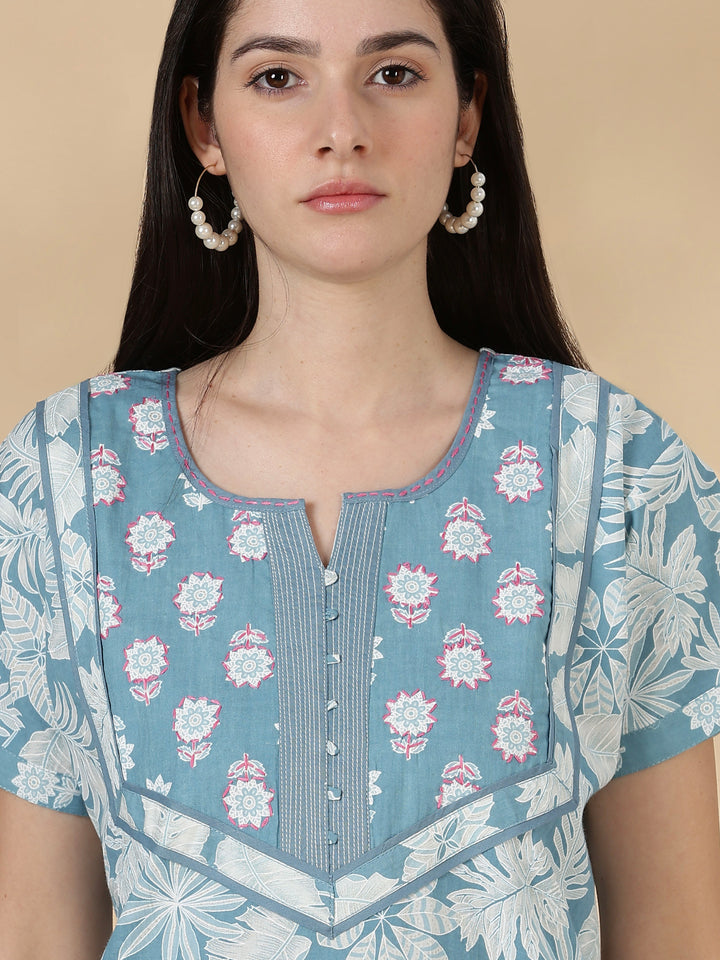 Pure Cotton Kantha Stitch Nighty for Women in Teal Floral Print
