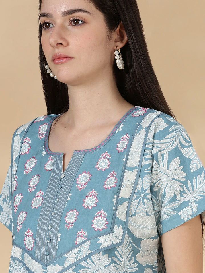 Pure Cotton Kantha Stitch Nighty for Women in Teal Floral Print