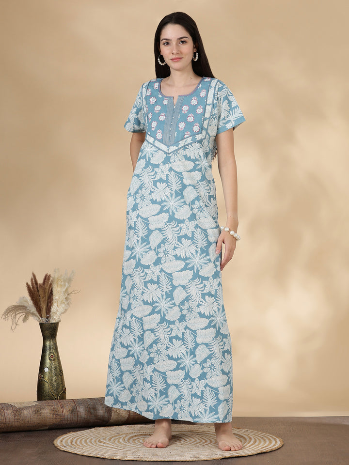 Pure Cotton Kantha Stitch Nighty for Women in Teal Floral Print