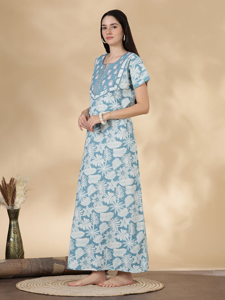 Pure Cotton Kantha Stitch Nighty for Women in Teal Floral Print