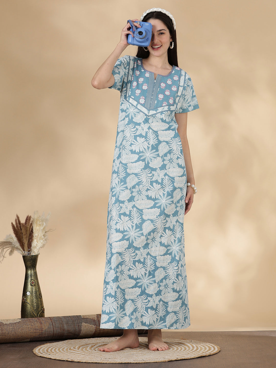 Pure Cotton Kantha Stitch Nighty for Women in Teal Floral Print