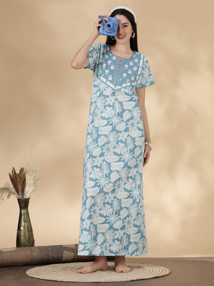 Pure Cotton Kantha Stitch Nighty for Women in Teal Floral Print
