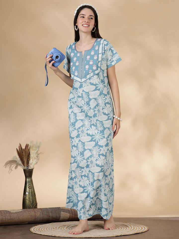 Pure Cotton Kantha Stitch Nighty for Women in Teal Floral Print