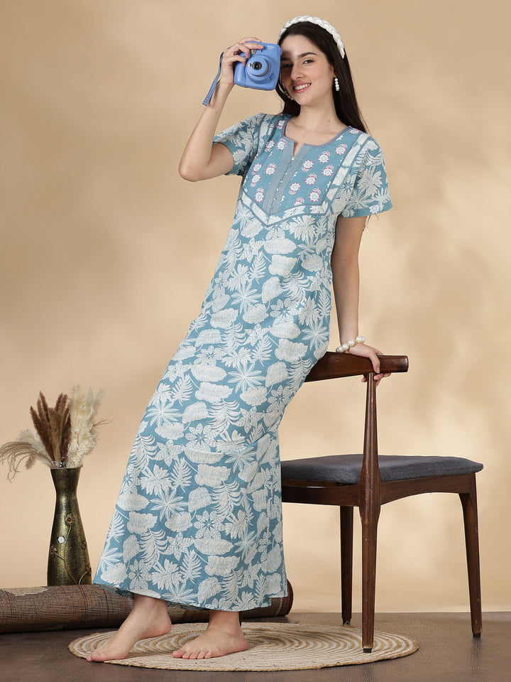Pure Cotton Kantha Stitch Nighty for Women in Teal Floral Print