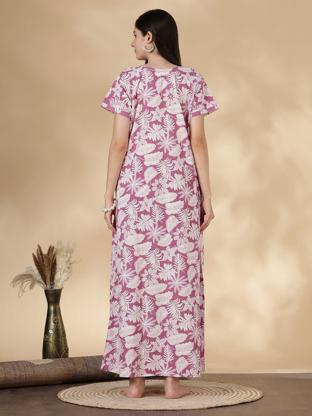 Pure Cotton Kantha Embroidered Nighty for Women in Mauve