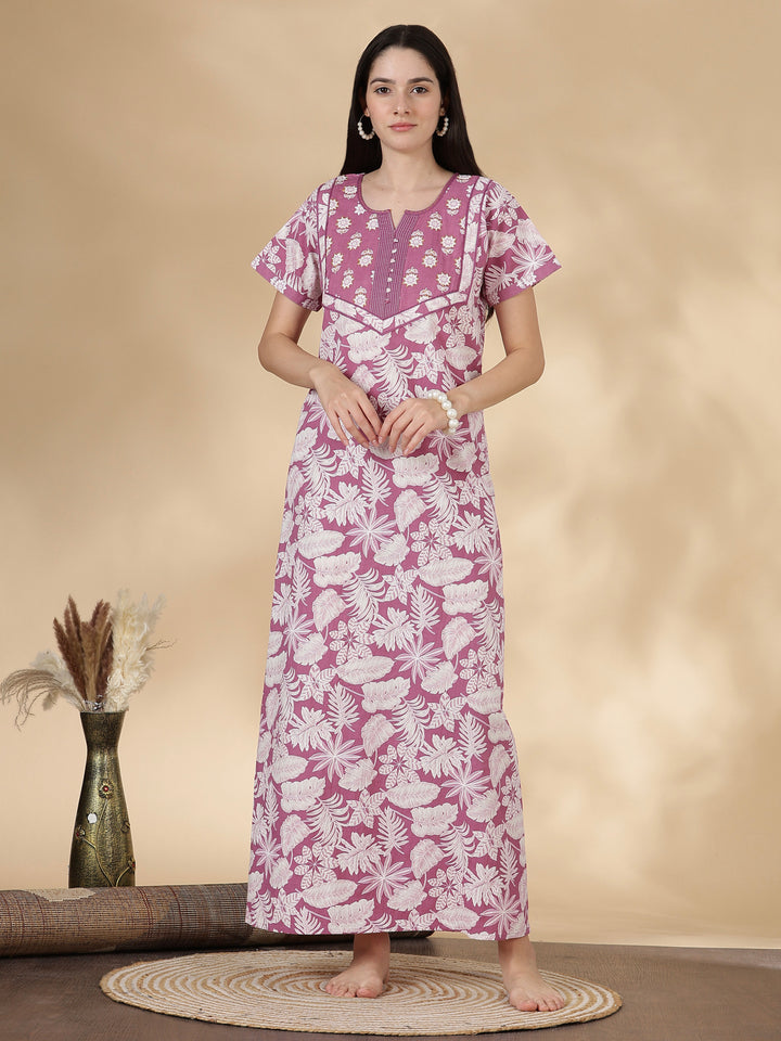 Pure Cotton Kantha Embroidered Nighty for Women in Mauve