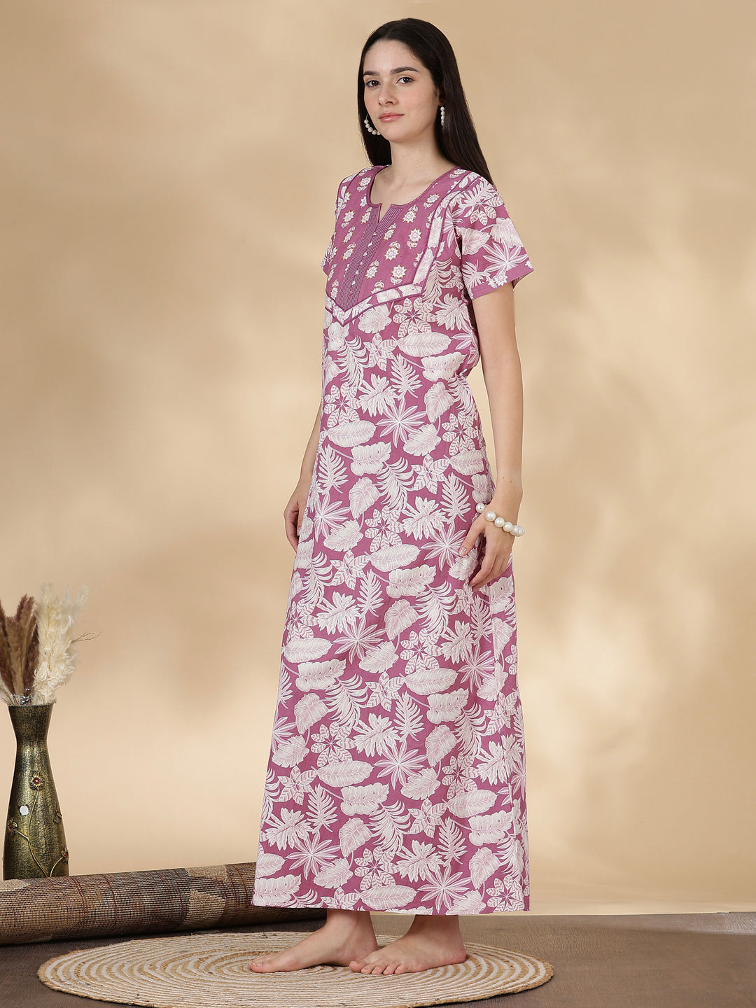 Pure Cotton Kantha Embroidered Nighty for Women in Mauve