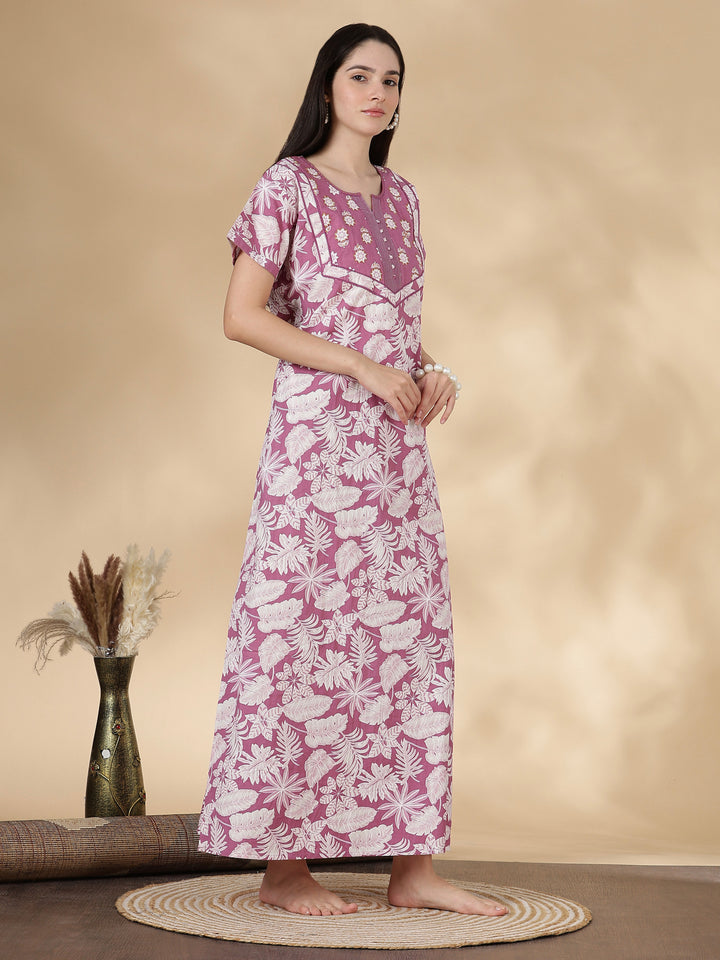 Pure Cotton Kantha Embroidered Nighty for Women in Mauve