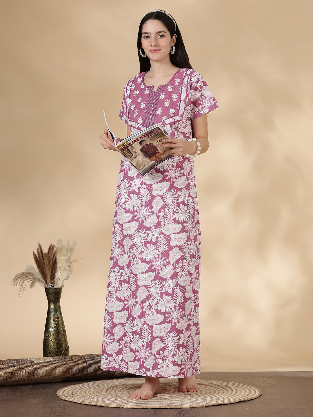 Pure Cotton Kantha Embroidered Nighty for Women in Mauve