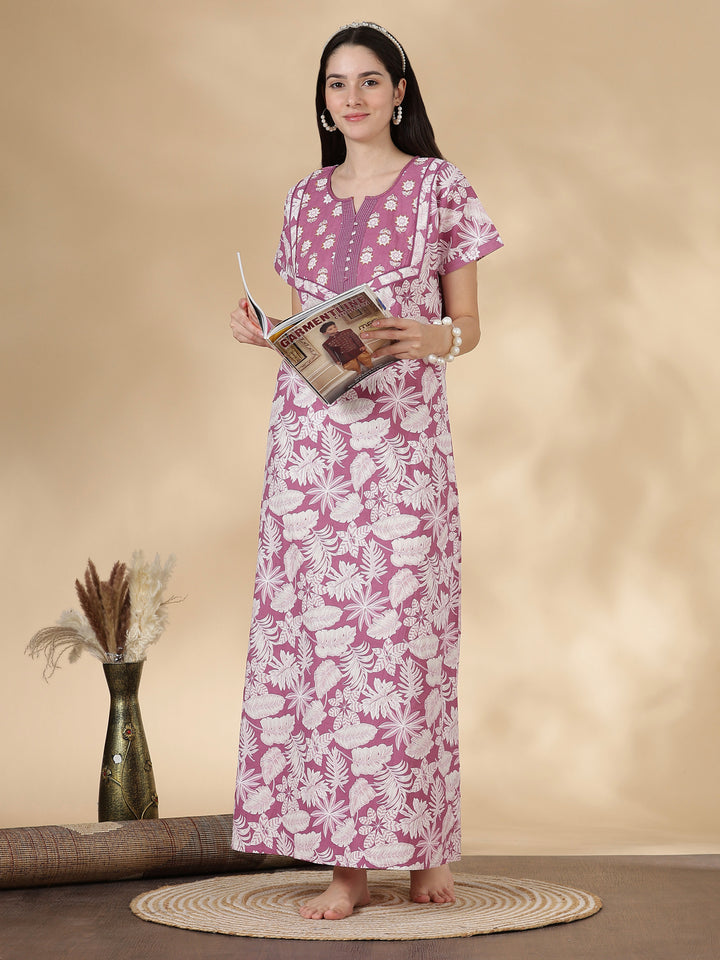Pure Cotton Kantha Embroidered Nighty for Women in Mauve
