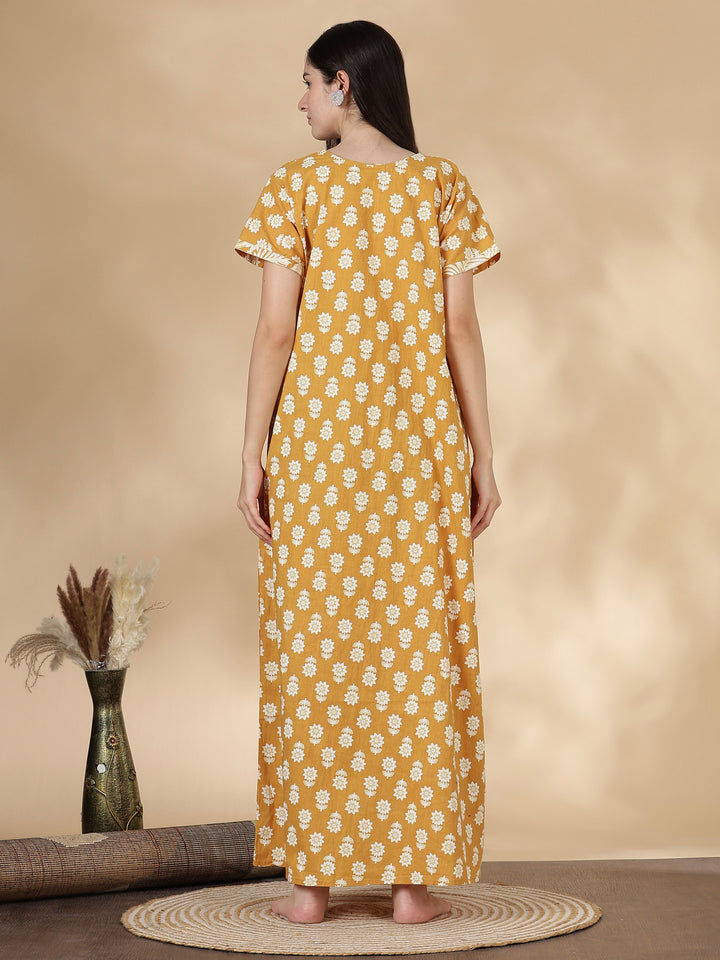 Pure Cotton Kantha Work Floral Nighty for Women Relaxed Fit