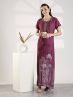 Floral Alpine Nighty for Women with Embroidered Neck Purple