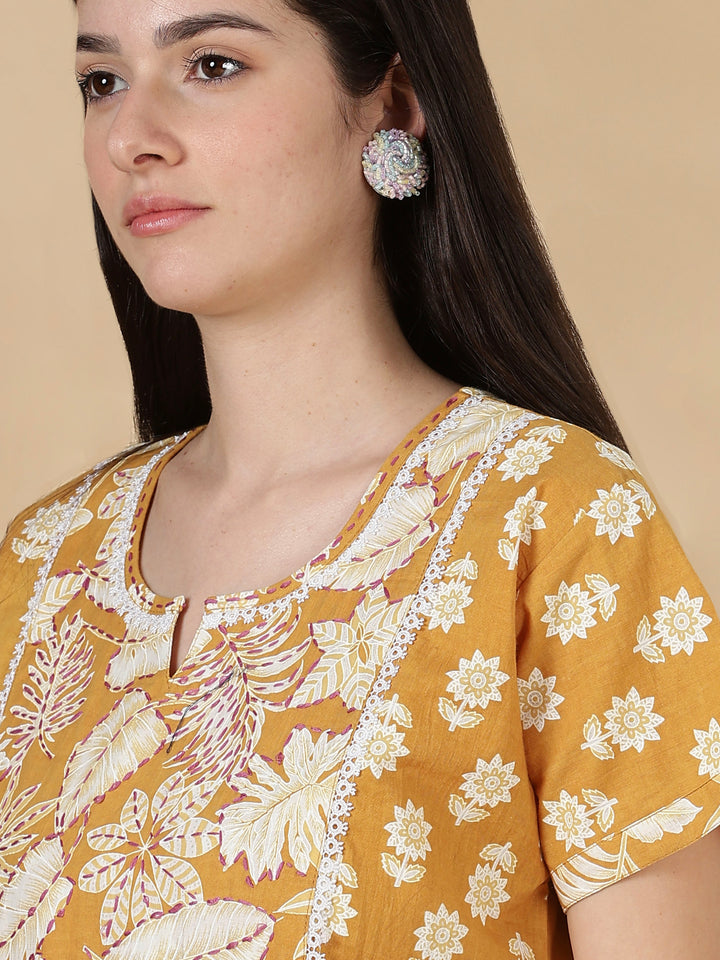 Pure Cotton Kantha Work Floral Nighty for Women Relaxed Fit