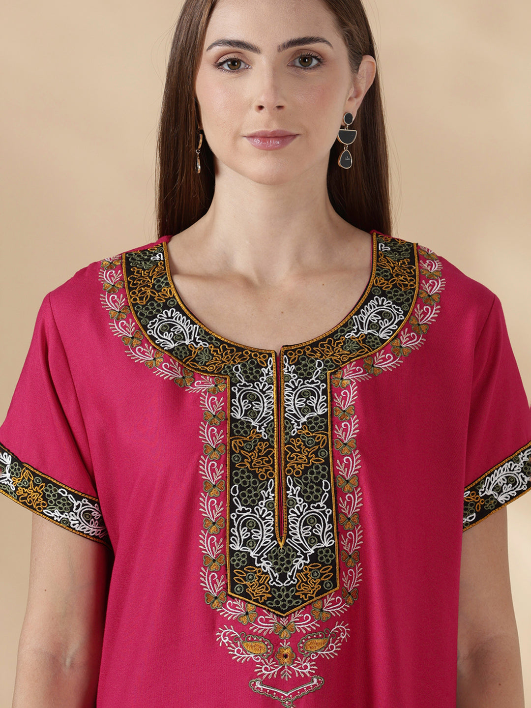 Raatrani Heritage Pink Alpine Embroidered A Line Nighty for Women