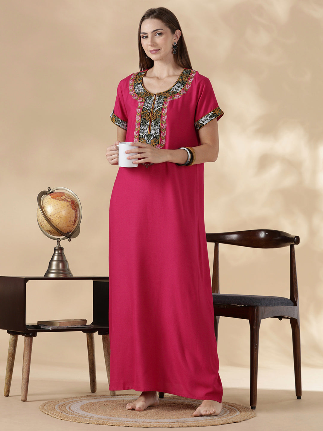 Raatrani Heritage Pink Alpine Embroidered A Line Nighty for Women