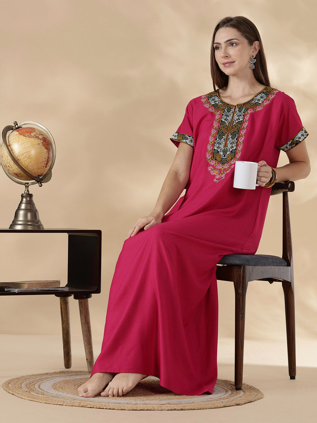 Raatrani Heritage Pink Alpine Embroidered A Line Nighty for Women