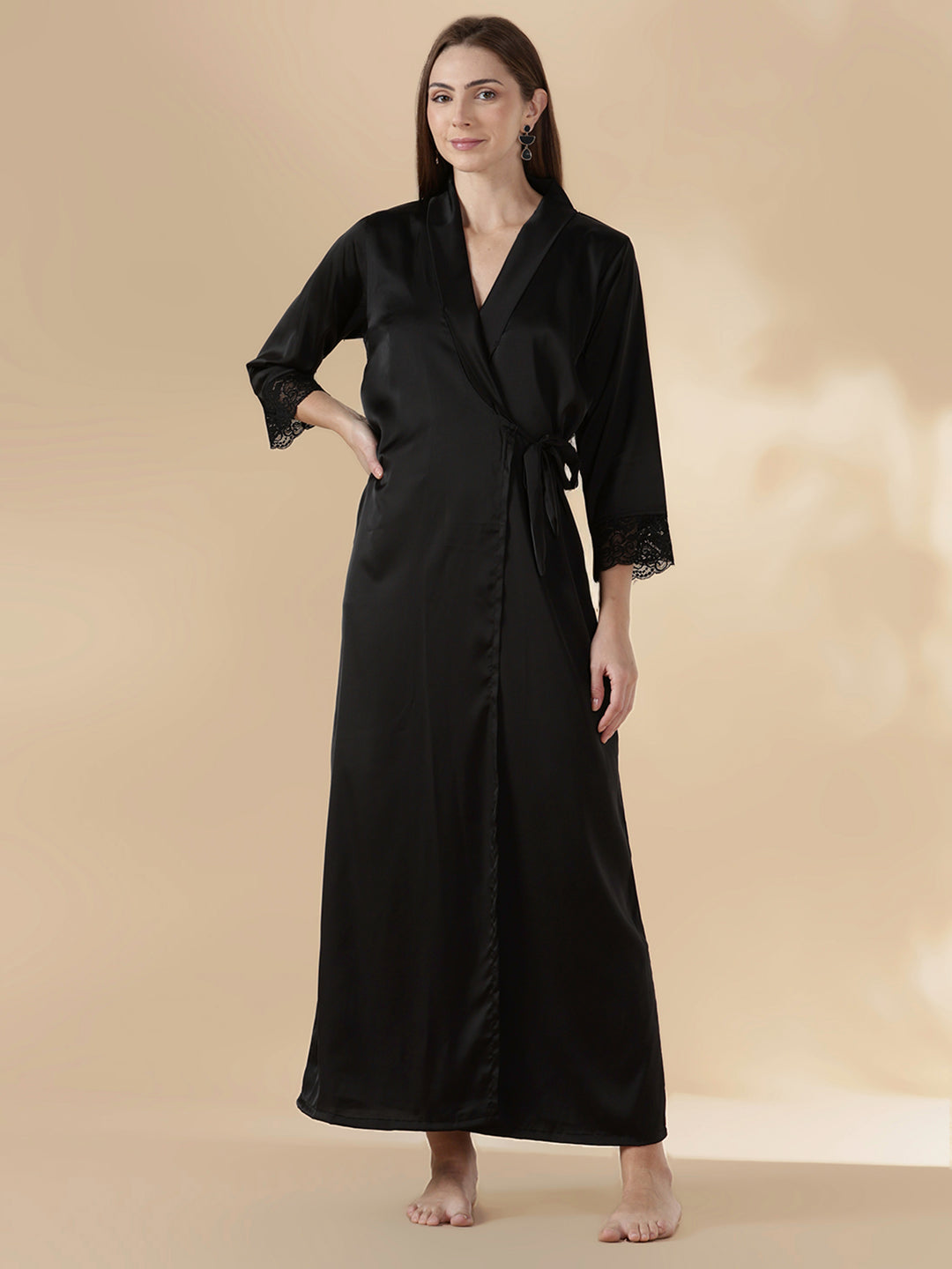 Shop Premium Black Satin Nighty Set for Women with Lace Robe Satin / L/42