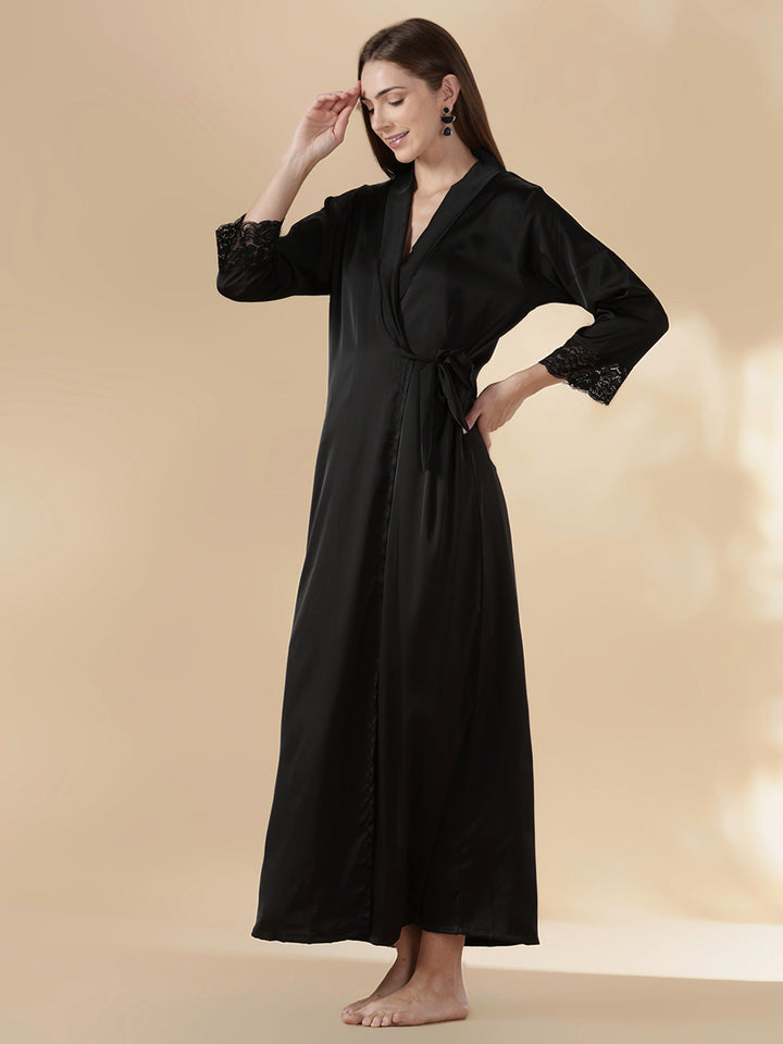 Satin Nighty Set for Women with Lace Slip and Long Robe