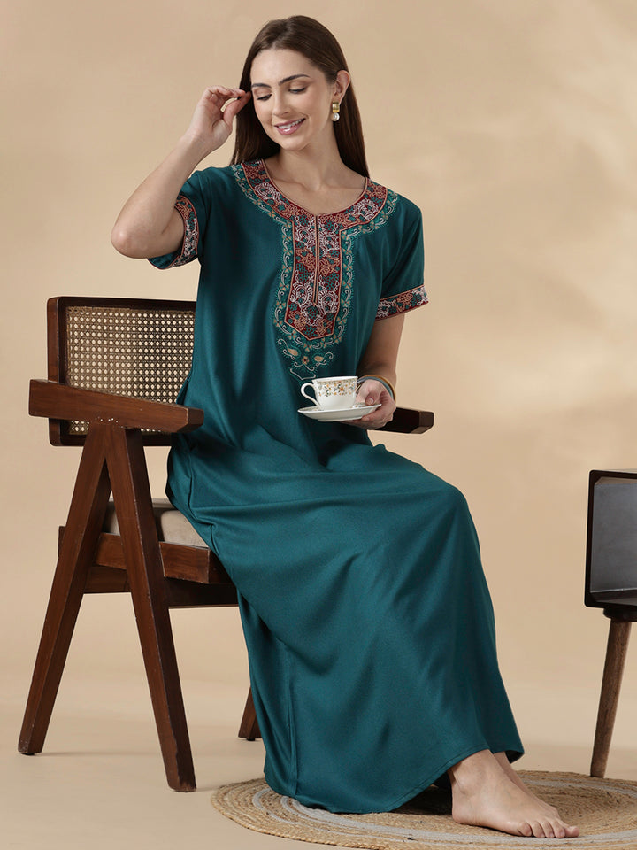 Raatrani Heritage Teal Alpine Embroidered A Line Nighty for Women