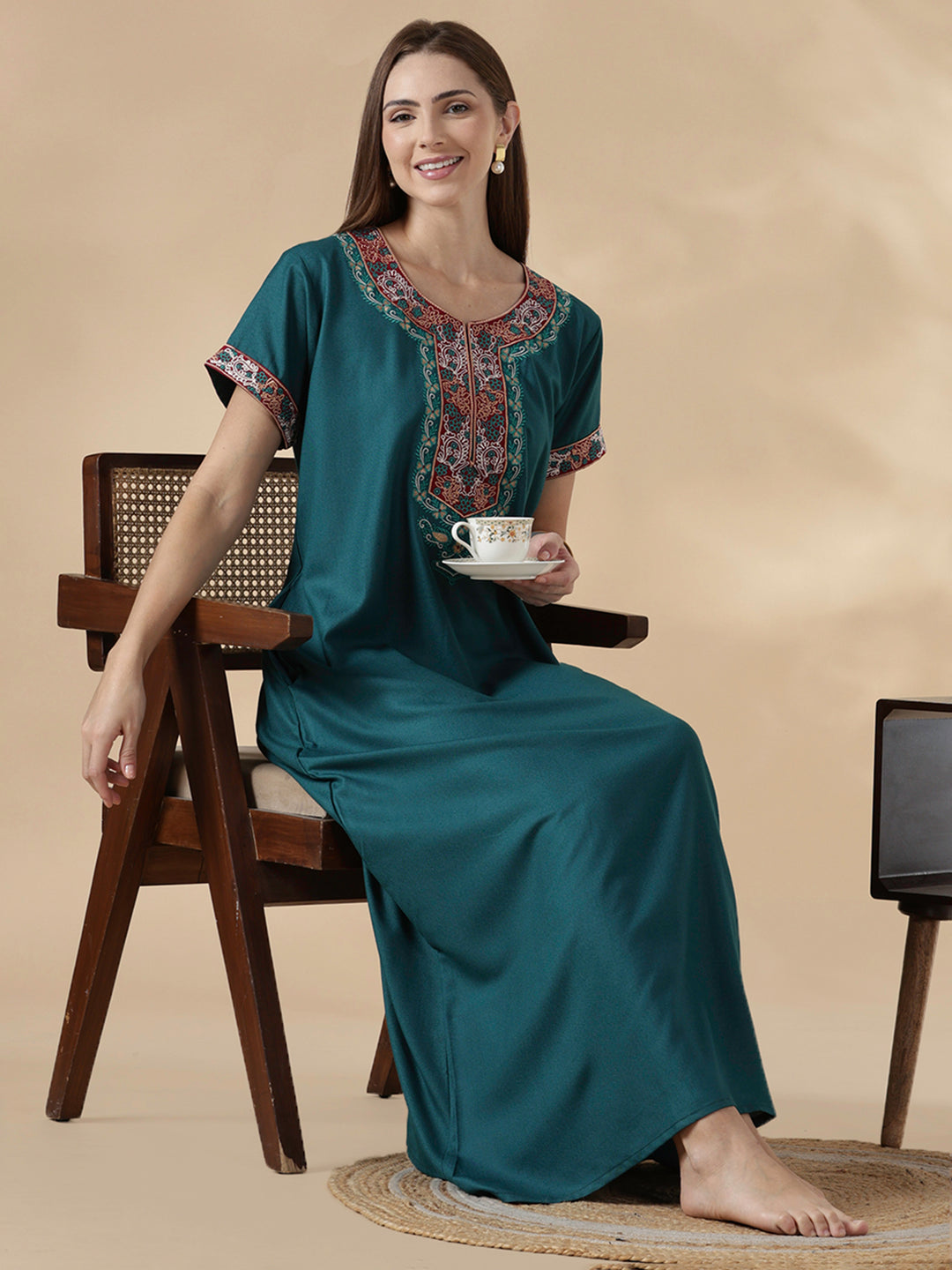 Raatrani Heritage Teal Alpine Embroidered A Line Nighty for Women