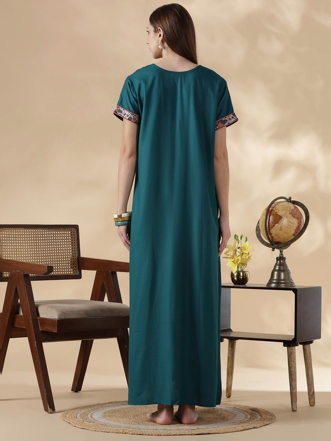 Raatrani Heritage Teal Alpine Embroidered A Line Nighty for Women