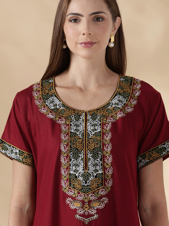 Raatrani Heritage Maroon Alpine Embroidered A Line Nighty for Women