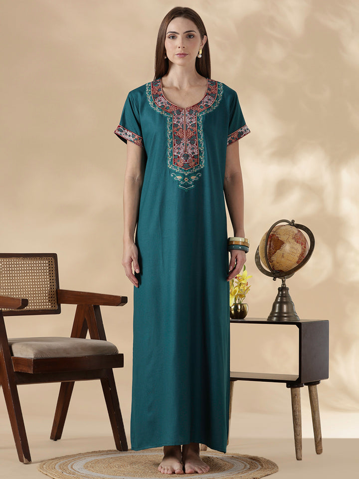 Raatrani Heritage Teal Alpine Embroidered A Line Nighty for Women