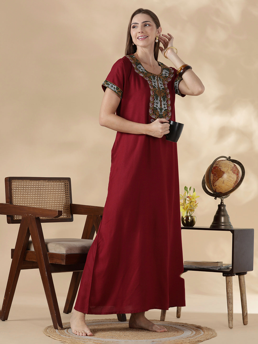 Raatrani Heritage Maroon Alpine Embroidered A Line Nighty for Women