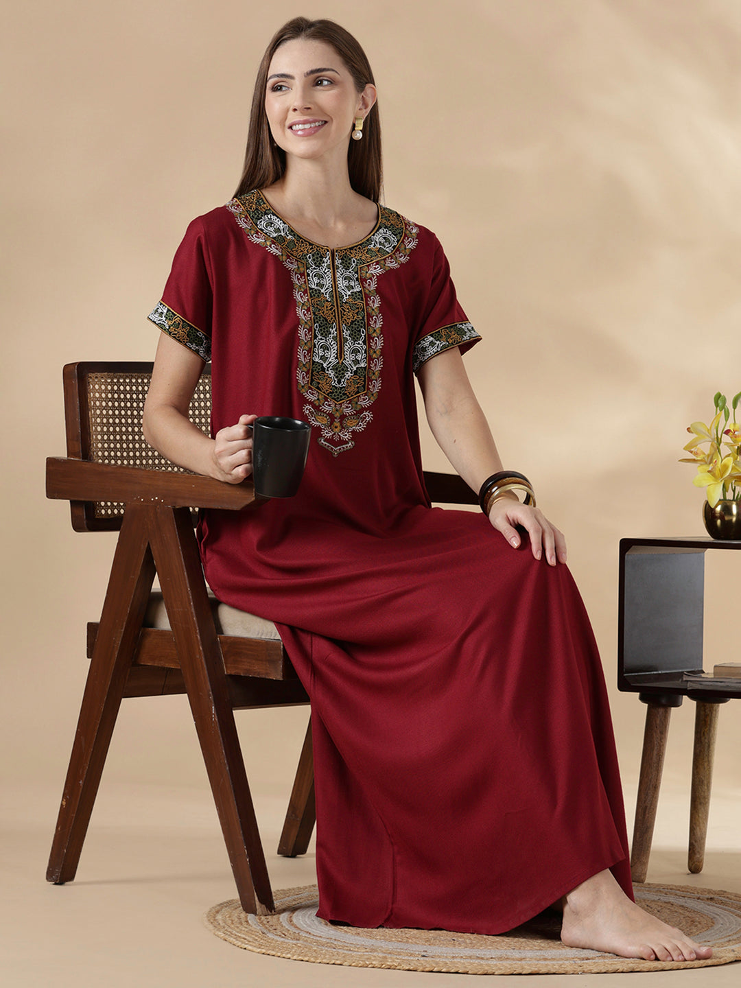 Raatrani Heritage Maroon Alpine Embroidered A Line Nighty for Women