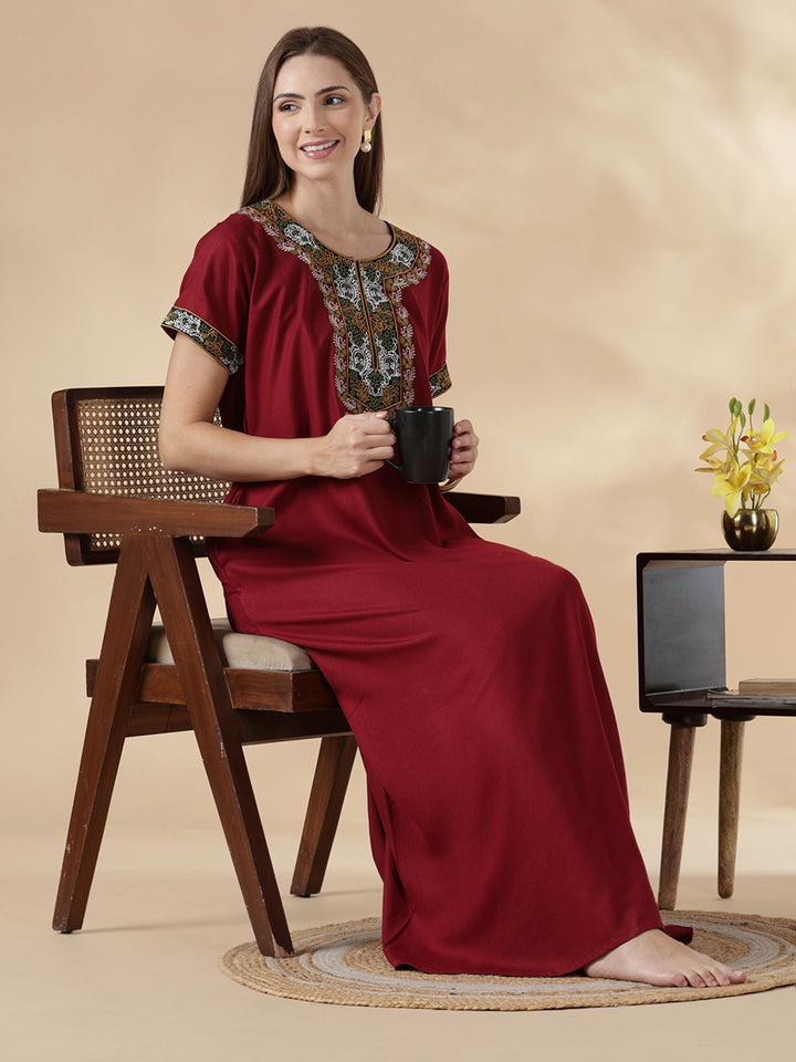 Raatrani Heritage Maroon Alpine Embroidered A Line Nighty for Women