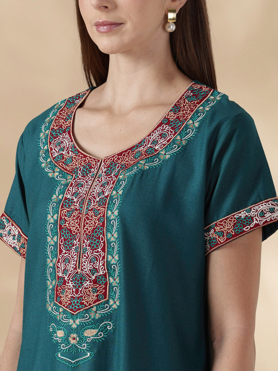 Raatrani Heritage Teal Alpine Embroidered A Line Nighty for Women
