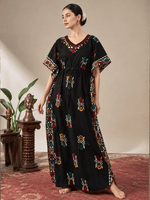 Curved V Neck Cotton Kaftan with Hand Block Batik Print in Black Paisley