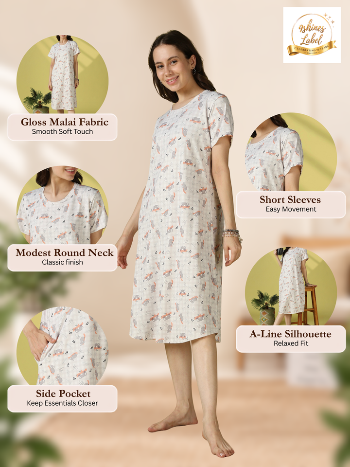 Cute Koala Print Gloss Malai Short Nighty with Relaxed Fit