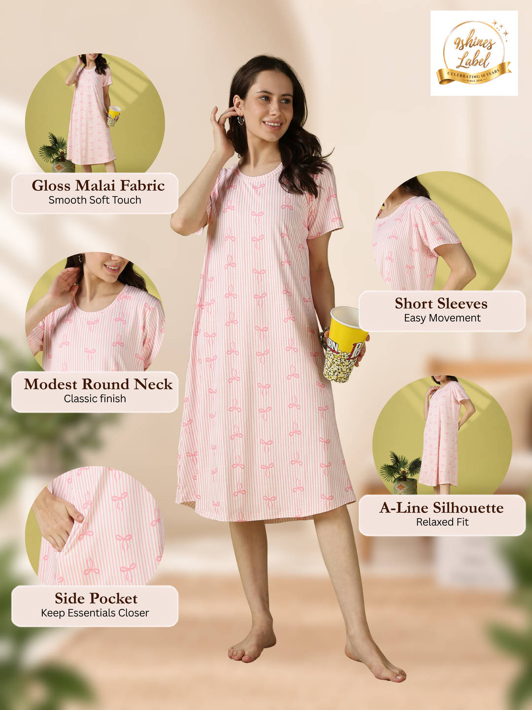 Pink Bow Print Gloss Malai Nighty with Silky Smooth Feel