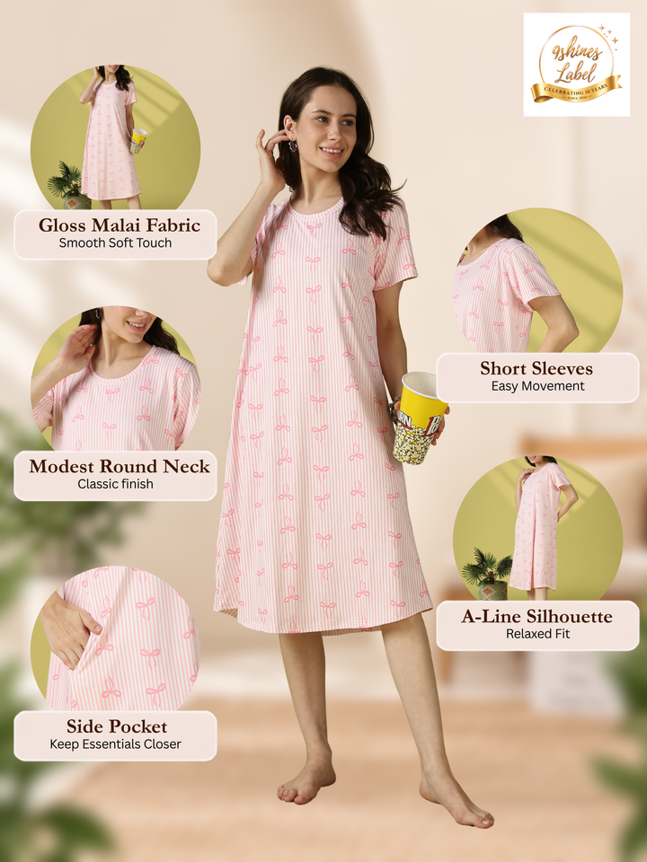 Pink Bow Print Gloss Malai Nighty with Silky Smooth Feel