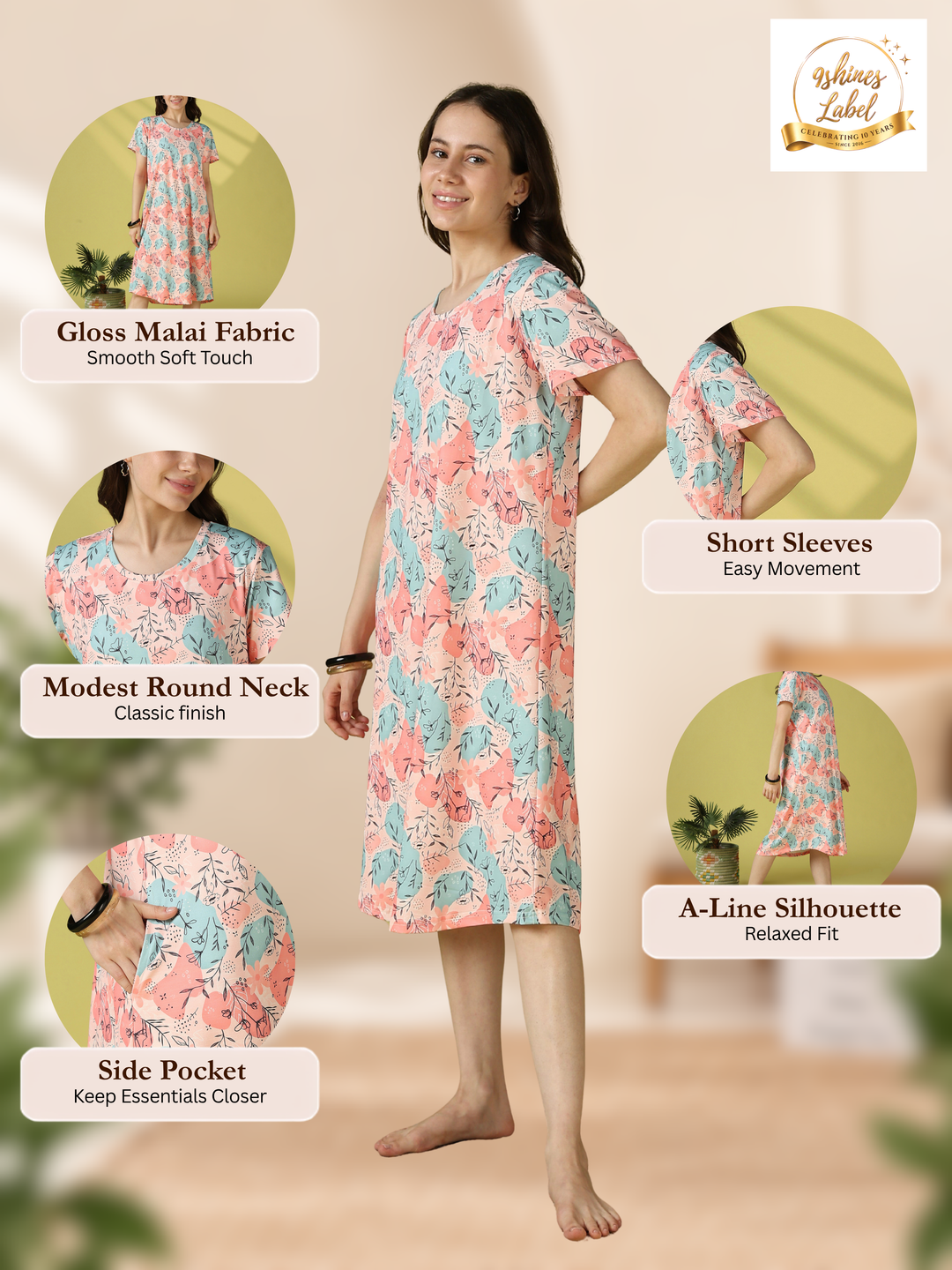 Abstract Botanical Print Gloss Malai Short Nighty with Side Pocket