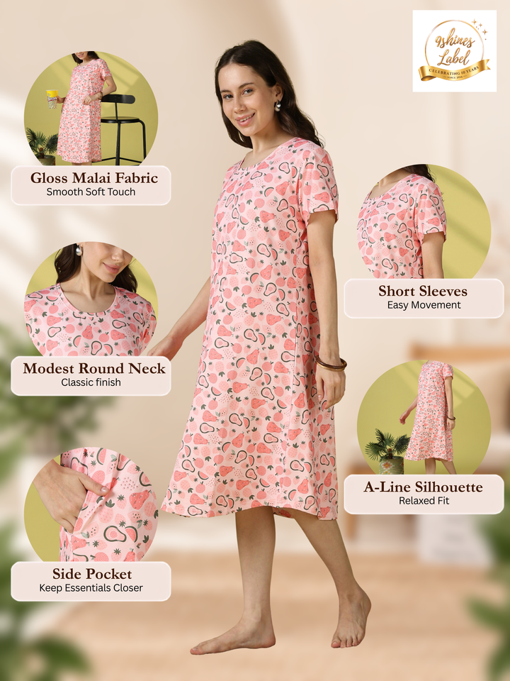 Gloss Malai Fruit Print Short Nighty for Women Silky Soft Comfort