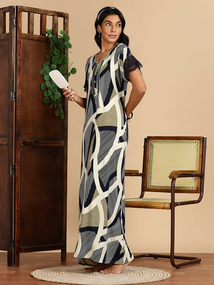 Rayon Abstract Print Olive Navy Nighty For Women