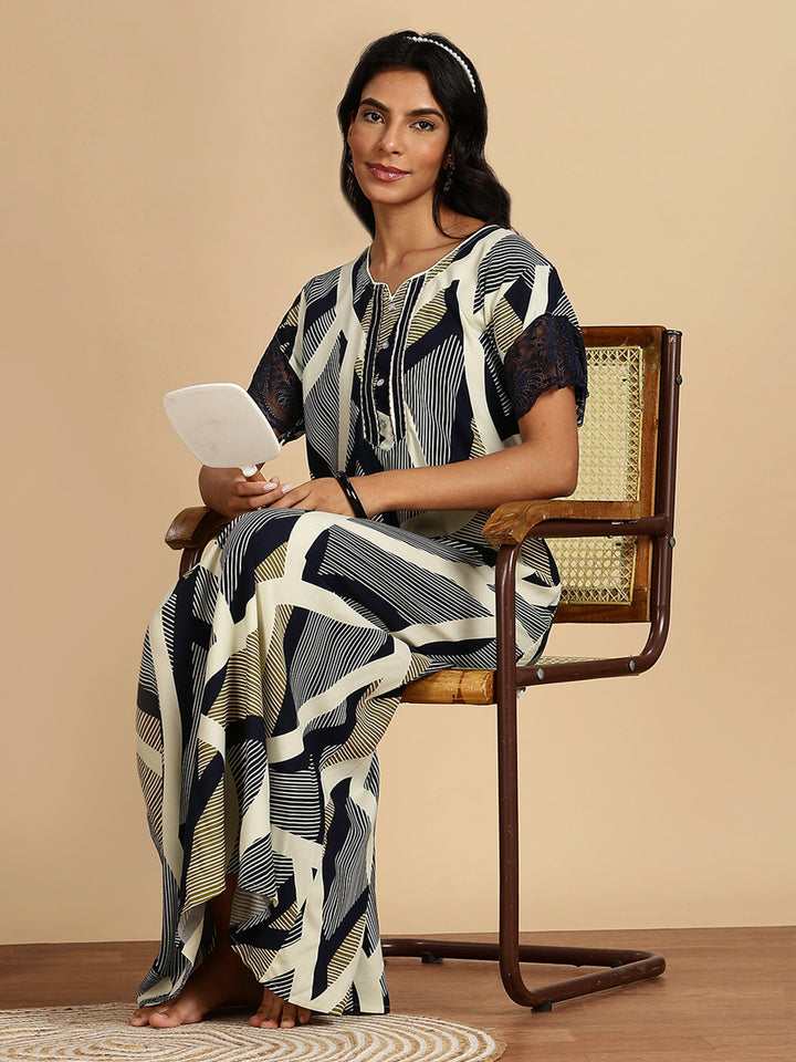 Rayon Abstract Print Olive Navy Nighty For Women